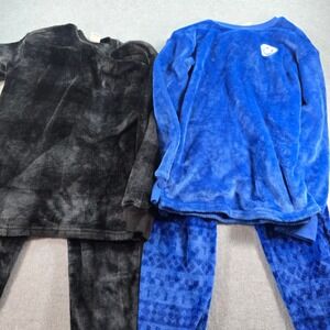 Kids Fleece Pajama Set Long Sleeve Top Pants Cozy Sleepwear Blue Smile XL 14